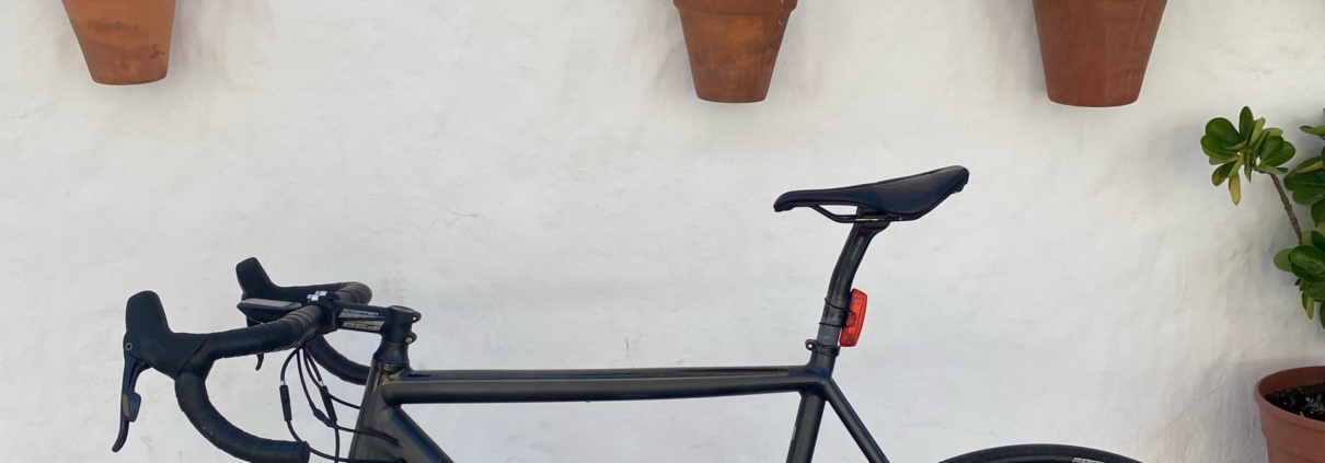 Fahrrad vor Wand mit Blumentöpfen