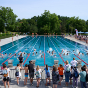 Blick auf Freibad mit Wettkampf