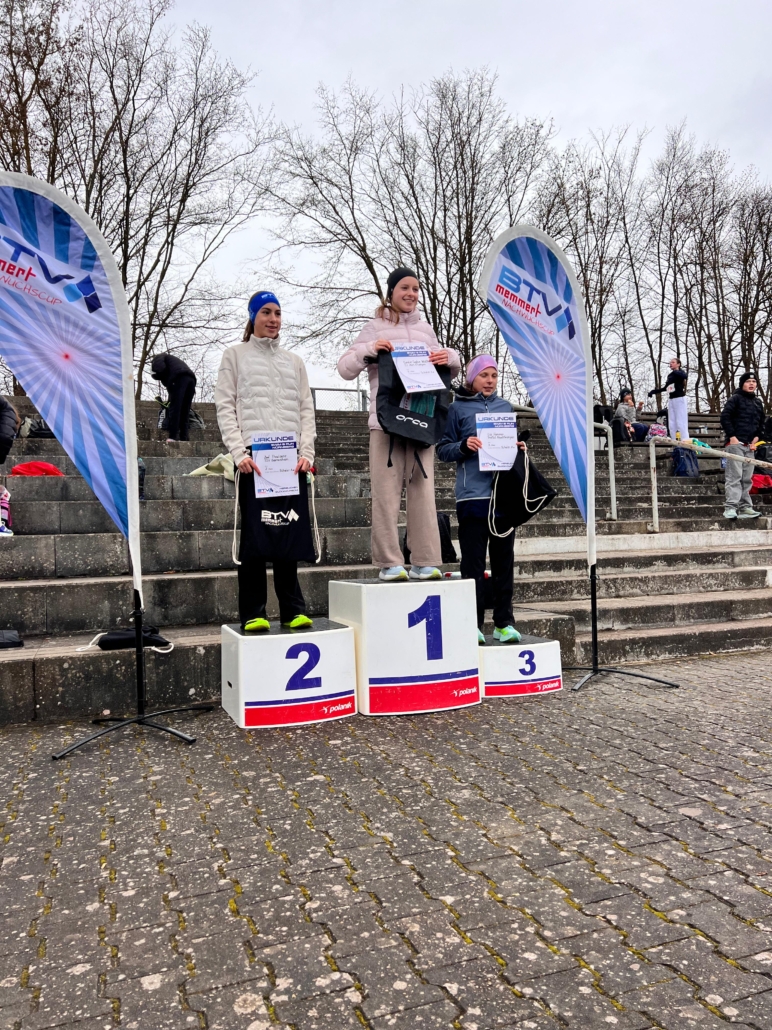 Junge Frauen auf einem Podium halten Urkunden hoch